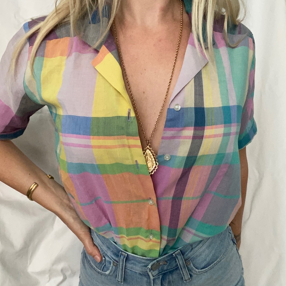 Vintage 🌈 Rainbow Multi-Color Plaid Button Up